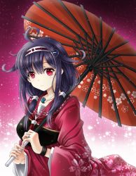 Rule 34 | 1girl, amou yuu, breasts, closed mouth, floral print, gloves, gradient background, hair between eyes, hair flaps, hair ornament, hairband, haori, highres, japanese clothes, kantai collection, kimono, large breasts, looking at viewer, low twintails, nengajou, new year, partially fingerless gloves, partly fingerless gloves, purple hair, quiver, red eyes, ryuuhou (kancolle), ryuuhou kai ni (kancolle), school uniform, serafuku, solo, taigei (kancolle), twintails, umbrella, whale hair ornament, yugake
