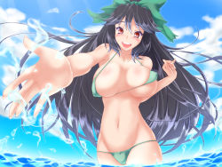 Rule 34 | 1girl, :d, bikini, black hair, blush, bouncing breasts, breasts, female focus, groin, large breasts, long hair, navel, negamaro, open mouth, outstretched arm, reiuji utsuho, smile, solo, swimsuit, touhou, water