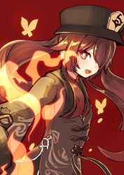 Rule 34 | 1girl, black coat, black hat, blush, breasts, brown hair, coat, flower, genshin impact, hat, hat flower, highres, hu tao (genshin impact), long hair, long sleeves, looking at viewer, nosuku, plum blossoms, red eyes, small breasts, symbol-shaped pupils, twintails, very long hair