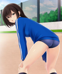 Rule 34 | 1girl, annoyed, ass, bent over, black hair, blush, breasts, brown eyes, buruma, from behind, gym uniform, jacket, leaning, leaning forward, looking at viewer, nonaka chikin, open mouth, original, parted lips, shiny skin, short hair, sideboob, solo, track jacket