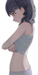 Rule 34 | 1girl, black hair, blush, bra, closed mouth, commentary, from side, fukumaru koito, highres, hiroki (yyqw7151), idolmaster, idolmaster shiny colors, looking down, panties, red eyes, short hair, simple background, solo, underwear, undressing, white background, white bra, white panties