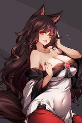 Rule 34 | 1girl, absurdres, animal ears, breasts, brooch, brown hair, cleavage, collarbone, commentary, covered navel, cowboy shot, dress, fingernails, flying sweatdrops, frilled sleeves, frills, grey background, hair between eyes, highres, imaizumi kagerou, jewelry, large breasts, long hair, long sleeves, looking at viewer, multicolored clothes, nail polish, off-shoulder dress, off shoulder, open mouth, raptor7, red dress, red eyes, red nails, sharp fingernails, sidelocks, simple background, solo, standing, symbol-only commentary, tail, touhou, white dress, wide sleeves, wolf ears, wolf tail