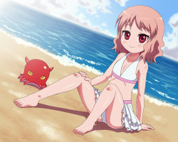 Rule 34 | 1girl, barefoot, beach, bikini, blush, character request, child, cloud, copyright request, eyebrows, feet, kt, looking at viewer, outdoors, shadow, shiny skin, sitting, skirt, sky, smile, swimsuit, water
