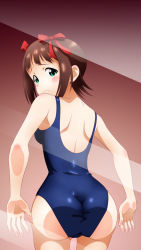 Rule 34 | 1girl, against glass, amami haruka, ass, ass press, blush, brown hair, frown, glass, green eyes, hair ribbon, idolmaster, idolmaster (classic), looking at viewer, looking back, one-piece swimsuit, ribbon, short hair, solo, sunsun69, swimsuit