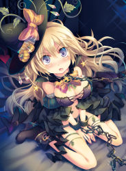 Rule 34 | 1girl, bad id, bad nicoseiga id, between thighs, blonde hair, blush, boots, bow, breasts, chain, cleavage, cuffs, fang, halloween, hat, hat bow, long hair, looking at viewer, navel, open mouth, original, purple eyes, shackles, sitting, skirt, small breasts, solo, tears, v arms, wariza, yamadori yoshitomo
