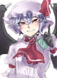Rule 34 | 1girl, brooch, condom wrapper, frills, hat, highres, jewelry, looking at viewer, nicutoka, parted lips, red eyes, remilia scarlet, short hair, simple background, solo, teeth, touhou, upper body, white background