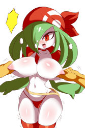 Rule 34 | 1girl, absurdres, alternate hairstyle, bandana, bikini, bikini bottom only, breasts, breath, choker, clothed pokemon, collarbone, colored skin, cosplay, cowboy shot, creatures (company), disembodied hand, fanny pack, female focus, game freak, gardevoir, gen 3 pokemon, grabbing, grabbing another&#039;s breast, green hair, green skin, hair over one eye, highres, large breasts, legs together, lucyfer, may (pokemon), may (pokemon) (cosplay), multicolored skin, navel, nintendo, nipple stimulation, nipple tweak, nipples, open mouth, poke ball symbol, poke ball theme, pokemon, pokemon rse, red bikini, red choker, red eyes, red thighhighs, simple background, skindentation, solo, standing, swimsuit, thighhighs, topless, trembling, two-tone skin, white background, white skin, wide hips