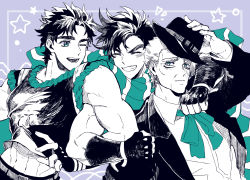 Rule 34 | 3boys, aged up, bare arms, bare shoulders, blazer, blush, clenched hands, closed eyes, closed mouth, collared shirt, commentary, commentary request, eyebrows hidden by hair, fingerless gloves, gloves, grandfather and grandson, grin, hand on headwear, hat, highres, hug, jacket, jojo no kimyou na bouken, jonathan joestar, joseph joestar, joseph joestar (young), korean commentary, locked arms, long sleeves, male focus, midriff peek, multiple boys, navel, neck ribbon, nigelungdayo, old, old man, one eye closed, open mouth, partially colored, ribbon, robert e. o. speedwagon, scar, scar on face, scarf, shirt, short hair, sleeveless, smile, star (symbol), striped clothes, striped scarf, symbol-only commentary, time paradox