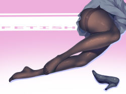 Rule 34 | 1girl, a.x., black footwear, brown pantyhose, clothes lift, english text, feet, grey skirt, highres, legs, lower body, lying, office lady, on side, original, panties, panties under pantyhose, pantyhose, pantyshot, shoes, unworn shoes, skirt, skirt lift, solo, thighband pantyhose, thighs, underwear, white panties