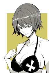 Rule 34 | 1girl, bikini, blush, bonkara (sokuseki maou), breasts, cleavage, collarbone, commentary, cross, girls und panzer, green background, greyscale, greyscale with colored background, iron cross, light blush, looking at viewer, medium breasts, monochrome, nishizumi maho, outside border, parted lips, partially colored, print bikini, short hair, smile, solo, swimsuit, upper body