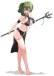 Rule 34 | 1girl, armband, barefoot, black skirt, breasts, chain, commentary, criss-cross halter, english commentary, full body, green hair, halterneck, highres, holding, holding staff, large breasts, long hair, looking at viewer, mouth hold, navel, pelvic curtain, purple eyes, side ponytail, simple background, skirt, solo, sousou no frieren, staff, standing, stomach, teeth hold, ten-chan (eternal s), thighs, ubel (sousou no frieren), white background