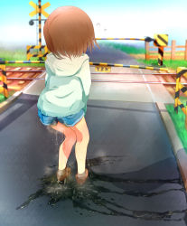 Rule 34 | 1girl, 22m, aqua sweater, blue shorts, blue sky, brown footwear, brown hair, day, female focus, fence, flying sweatdrops, from behind, full body, grass, grey socks, highres, hood, hoodie, japanese text, kneepits, long sleeves, original, outdoors, peeing, peeing self, puddle, railroad crossing, railroad tracks, road, shoes, short hair, short shorts, shorts, sky, socks, solo, standing, sweater, translation request, wet, wet clothes