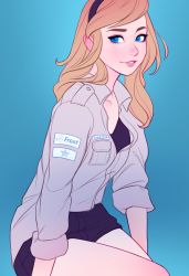 Rule 34 | 1girl, absurdres, alternate costume, black shorts, blonde hair, blue background, blue eyes, english text, headband, highres, jacket, league of legends, looking at viewer, lux (league of legends), medium hair, open mouth, pale skin, patch, raised eyebrow, shorts, simple background, sitting, tsuaii