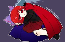 Rule 34 | 1girl, black footwear, black shirt, bow, bright pupils, cape, commentary request, disembodied head, full body, hair bow, harunori (hrnrx), holding head, long sleeves, looking at viewer, purple bow, red cape, red eyes, red hair, red skirt, romaji text, sekibanki, shirt, short hair, simple background, skirt, solo, touhou, white pupils