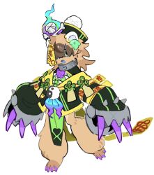 1other animal_ears body_fur brown_fur brown_hair claws collar colored_tips commentary_request dilated_pupils full_body furry green_eyes green_jacket hair_over_one_eye hat highres jacket jiangshi long_hair long_sleeves looking_at_viewer metal_collar multicolored_hair ofuda ofuda_on_clothes ofuda_on_head open_mouth original pelvic_curtain qingdai_guanmao saadiya74 simple_background sleeves_past_wrists solo standing standing_on_one_leg white_background