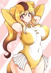Rule 34 | 10s, 1girl, animal ears, arm behind head, arm up, armpits, blonde hair, breasts, brown hair, cameltoe, circlet, cleft of venus, closed mouth, covered erect nipples, covered navel, elbow gloves, gloves, golden snub-nosed monkey (kemono friends), highleg, highleg leotard, highres, huge breasts, impossible clothes, impossible leotard, kemono friends, leotard, long hair, looking at viewer, monkey ears, monkey tail, multicolored hair, ponytail, red eyes, skin tight, smile, solo, standing, tail, two-tone hair, upper body, yellow gloves, ziogon