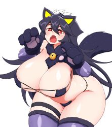 Rule 34 | 1girl, animal ears, animal hands, areola slip, bell, bent over, bikini, black hair, breasts, bright pupils, cat bell, cat ears, cat tail, cowboy shot, curvy, eyepatch, fangs, female focus, filia (skullgirls), gloves, hair between eyes, highres, huge breasts, long hair, looking at viewer, mannungei, neck bell, open mouth, paw gloves, paw pose, plump, purple thighhighs, red eyes, samson (skullgirls), shiny skin, simple background, skullgirls, solo, standing, swimsuit, tail, thick thighs, thighhighs, thighs, white background, white pupils, wide hips