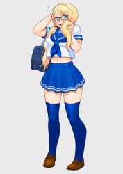 Rule 34 | 1girl, aged down, alternate costume, alternate hairstyle, bag, bespectacled, black-framed eyewear, blonde hair, blue eyes, blue skirt, blue thighhighs, capcom, commentary request, duffel bag, embarrassed, full body, glasses, grey background, highres, lips, long hair, looking at viewer, low twintails, navel, open mouth, rainbow mika, school uniform, serafuku, shigenobu, skirt, solo, standing, street fighter, street fighter v, thighhighs, twintails, zettai ryouiki