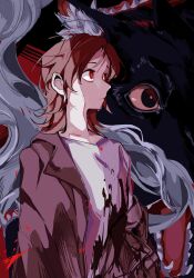 Rule 34 | 1boy, blood, blood on clothes, brown hair, brown jacket, chinese commentary, closed mouth, commentary request, empty eyes, highres, jacket, kaliewa, long sleeves, male focus, off shoulder, open clothes, open jacket, parted bangs, red eyes, saibou shinkyoku, shinano eiji, shirt, solo, upper body, white shirt