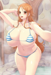 Rule 34 | 1girl, absurdres, arm up, artist request, blush, breasts, brown eyes, cleavage, covered erect nipples, female focus, highres, huge breasts, jewelry, looking at viewer, nami (one piece), navel, one piece, onsen, orange hair, selfie, smile, solo, tagme, thighs, toei animation, wet, wide hips