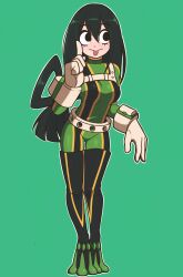 Rule 34 | 1girl, :&gt;, absurdres, asui tsuyu, black eyes, bodysuit, boku no hero academia, breasts, commentary, commission, english commentary, frog girl, full body, green hair, hair rings, highres, jeff miga, long hair, long tongue, looking at viewer, low-tied long hair, medium breasts, solo, standing, superhero costume, tongue, tongue out