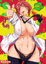 Rule 34 | bang (gesture), bayeuxman, black necktie, black panties, black pants, blunt bangs, braid, braided ponytail, breasts, cameltoe, chainsaw man, clothes pull, collared shirt, covered erect nipples, english text, finger gun, finger to mouth, highres, large breasts, looking at viewer, makima (chainsaw man), navel, necktie, neckwear request, no bra, office lady, open clothes, open shirt, panties, pants, pants pull, patreon username, red hair, ringed eyes, shirt, sidelocks, signature, solo, speech bubble, splatter background, stomach, toned, tongue, tongue out, underwear, wide hips, yellow eyes