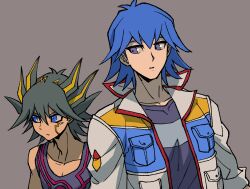 Rule 34 | 2boys, black hair, black tank top, blue eyes, blue hair, blue shirt, bruno (yu-gi-oh!), facial tattoo, fudo yusei, grey background, high collar, highres, jacket, looking to the side, male focus, multicolored hair, multiple boys, open clothes, open jacket, parted lips, shirt, short hair, simple background, sleeves rolled up, spiked hair, standing, streaked hair, t-shirt, tank top, tattoo, youko-shima, yu-gi-oh!, yu-gi-oh! 5d&#039;s