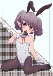 Rule 34 | 1girl, absurdres, ahoge, animal ears, bare shoulders, blush, candy, chocolate, chocolate heart, detached collar, fake animal ears, flat chest, food, full body, gloves, grey hair, heart, highres, holding, holding food, leotard, makaino ririmu, medium hair, multicolored hair, neck ribbon, nijisanji, no shoes, open mouth, pantyhose, plaid, plaid background, playboy bunny, pointy ears, rabbit ears, red eyes, red hair, red ribbon, ribbon, sabamen, sitting, solo, strapless, strapless leotard, streaked hair, twintails, virtual youtuber, wariza, white gloves, white leotard, wrist cuffs