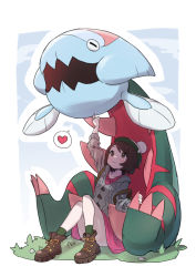 Rule 34 | 1girl, backpack, bag, blush, boots, brown footwear, brown hair, cardigan, creature, creatures (company), dracovish, dress, game freak, gazacy (dai), gen 8 pokemon, gloria (pokemon), green headwear, green legwear, grey cardigan, hand on another&#039;s chin, hat, heart, highres, long sleeves, nintendo, open mouth, pink dress, pokemon, pokemon (creature), pokemon swsh, pom pom (clothes), short hair, simple background, sitting, smile, spoken heart, stroking another&#039;s chin, tam o&#039; shanter