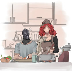 Rule 34 | 1boy, 1girl, amputee, apron, breasts, carrot, collarbone, cooking, elden ring, closed eyes, fire, great rune (elden ring), highres, illip, indoors, jewelry, kitchen, knife, malenia blade of miquella, mechanical arms, medium breasts, medium hair, notice lines, onion, pot, prosthesis, prosthetic arm, red hair, ring, single mechanical arm, steam, stove, tall female, tarnished (elden ring)