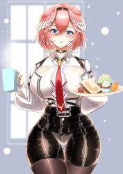 Rule 34 | 1girl, absurdres, black choker, black hairband, black shorts, blue eyes, bread, bread slice, breasts, butter, choker, collared shirt, colored tips, cowboy shot, cup, food, hair between eyes, hairband, head wings, highres, holding, holding cup, holding plate, hololive, large breasts, multicolored hair, necktie, pantyhose, pink hair, plate, red necktie, sausage, shirt, short hair, shorts, solo, takane lui, takane lui (1st costume), thigh gap, toast, virtual youtuber, volke. (tubamenora), white hair, white shirt, wings, zipper, zipper pull tab