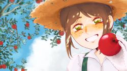 Rule 34 | 1girl, :d, apple, blush, brown hair, cloud, day, emma woods, food, freckles, fruit, gloves, green eyes, gremlintot, hat, highres, holding, holding food, holding fruit, identity v, looking at viewer, open mouth, outdoors, short hair, smile, solo, straw hat, sun hat, upper body, white gloves