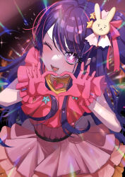 Rule 34 | 1girl, absurdres, belt, black belt, blush, commentary, dress, frilled dress, frilled gloves, frills, gloves, hair ornament, hands up, heart, heart hands, highres, hoshino ai (oshi no ko), long hair, looking at viewer, one eye closed, one side up, onyu on, open mouth, oshi no ko, pink dress, pink gloves, plaid, plaid dress, purple eyes, purple hair, rabbit hair ornament, sidelocks, sleeveless, sleeveless dress, smile, solo, star-shaped pupils, star (symbol), star hair ornament, swept bangs, symbol-shaped pupils, teeth