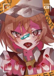 Rule 34 | 1girl, absurdres, ascot, bandaid, bandaid on face, bandaid on nose, blonde hair, english text, flandre scarlet, hat, highres, medium hair, mob cap, open mouth, pill, red eyes, red nails, rokka (rokka937), simple background, solo, tongue, tongue out, touhou, upper body, white background, yellow ascot