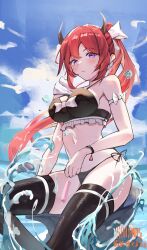 Rule 34 | 1girl, absurdres, arknights, bare arms, bare shoulders, bikini, black bikini, black thighhighs, blue sky, bow, breasts, cloud, commentary request, day, hair bow, highres, horns, large breasts, long hair, looking at viewer, navel, ponytail, purple eyes, red hair, sayay-vanilla, side-tie bikini bottom, sitting, sky, solo, stomach, surtr (arknights), swimsuit, thighhighs, thighs, very long hair, white bow