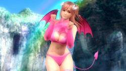 Rule 34 | 1girl, 3d, bare shoulders, breasts, cleavage, cleavage cutout, clothing cutout, curvy, dead or alive, dead or alive 5, devil costume, female focus, heart cutout, honoka (doa), large breasts, navel, official art, pink hair, smile, solo, stomach, thighs, wings
