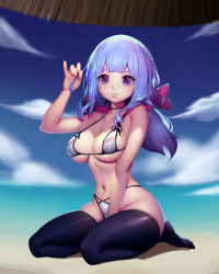 Rule 34 | 1girl, absurdres, adjusting hair, bad id, bad pixiv id, beach, between legs, bikini, black thighhighs, blue hair, breasts, day, full body, genzai tankyu-sha, hand between legs, highres, large breasts, long hair, looking at viewer, low twintails, navel, original, parted lips, purple eyes, seiza, sitting, skindentation, sky, solo, string bikini, swimsuit, thighhighs, twintails, white bikini