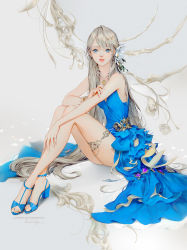 Rule 34 | 1girl, blonde hair, blue dress, blue eyes, blue footwear, bracelet, dadachyo, dress, flower, hair between eyes, hair flower, hair ornament, high heels, highres, jewelry, long hair, looking at viewer, necklace, nose, original, parted lips, patreon username, pendant, ring, signature, sitting, solo, strappy heels, thighlet, thighs, very long hair, wristband