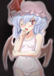 Rule 34 | 1girl, bat wings, blue hair, blush, fang, female focus, flx, gradient background, hat, one-piece swimsuit, one eye closed, red eyes, remilia scarlet, school swimsuit, short hair, solo, swimsuit, touhou, vampire, white one-piece swimsuit, white school swimsuit, wings, wink