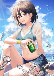 Rule 34 | 1girl, :d, bikini, black hair, blue shorts, breasts, can, cleavage, cloud, collarbone, crop top, crop top overhang, cutoffs, day, denim, denim shorts, ekina (1217), green bikini, hair between eyes, highres, holding, knee up, looking at viewer, midriff, navel, open mouth, original, outdoors, purple eyes, see-through, shirt, short hair, short shorts, short sleeves, shorts, sitting, small breasts, smile, solo, stomach, sunlight, swimsuit, thighs, water