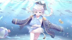 Rule 34 | 1girl, air bubble, animal, animal ears, animal hug, armband, bad id, bad pixiv id, ball, beachball, bicorne, black hat, black jacket, blue eyes, blue sailor collar, blush, bubble, closed mouth, collarbone, commentary, compass, day, dolphin, dress, epaulettes, flower, hair between eyes, hat, highres, jacket, jacket on shoulders, jolly roger, long hair, looking at viewer, open clothes, open jacket, original, outdoors, pink flower, pirate hat, qlakwnd, safety pin, sailor collar, sailor dress, silver hair, skull and crossed swords, sleeveless, sleeveless dress, smile, solo, striped tail, tail, tiger ears, tiger girl, tiger tail, twintails, underwater, very long hair, water, white dress