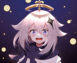 Rule 34 | 1girl, absurdres, blue eyes, blush, cape, crying, crying with eyes open, dress, genshin impact, glowing, hair between eyes, hair ornament, halo, highres, huge filesize, looking at viewer, open mouth, paimon (genshin impact), scarf, short hair, tearing up, tears, white dress, white hair, zhongwu chahui