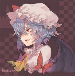 Rule 34 | &gt;:d, 1girl, :d, ascot, bat wings, character name, checkered background, close-up, half-closed eyes, hat, mob cap, morino hon, open mouth, pink hat, purple hair, red eyes, remilia scarlet, short hair, smile, solo, touhou, v-shaped eyebrows, wings
