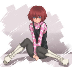 Rule 34 | 1girl, blue eyes, boots, bottomless, darker than black, frown, pantyhose, red hair, rokuichi, sitting, solo, suou pavlichenko