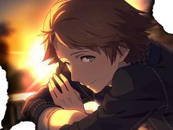 Rule 34 | 1boy, asada hachi, backlighting, black jacket, brown eyes, brown hair, burned paper, burnt, closed mouth, commentary request, gradient sky, hanamura yousuke, highres, jacket, looking at viewer, male focus, persona, persona 4, short hair, sky, smile, solo, sun, sunset, twitter username, upper body, watermark