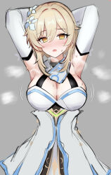 Rule 34 | 1girl, :o, @ @, armpits, arms behind head, blonde hair, blush, breasts, closed mouth, detached sleeves, dress, flower, genshin impact, grey background, hair flower, hair ornament, highres, large breasts, looking at viewer, lumine (genshin impact), mini2chainz, open mouth, presenting armpit, scarf, short hair, simple background, solo, steaming body, sweat, white dress, white flower, white scarf, white sleeves, yellow eyes