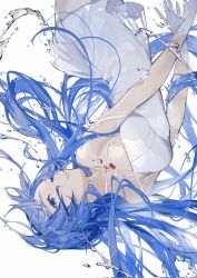 Rule 34 | 1girl, bare shoulders, blue eyes, blue hair, cherry, chi4, crossed arms, dress, expressionless, food, fruit, gloves, highres, long hair, open mouth, original, signature, simple background, solo, splashing, upside-down, white background, white dress, white gloves