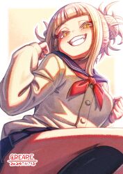 1girl artist_name blonde_hair blush boku_no_hero_academia cardigan commentary_request creape dated double_bun fangs from_below grin hair_bun half-closed_eyes hand_up highres long_sleeves looking_at_viewer looking_down messy_hair neckerchief pleated_skirt school_uniform serafuku skirt smile socks solo toga_himiko yellow_eyes