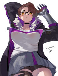 Rule 34 | 1girl, absurdres, bike shorts, bike shorts under skirt, breasts, brown hair, choker, coat, from below, glasses, highres, inatv, large breasts, looking at viewer, mechanical arms, multicolored hair, non-web source, open mouth, pleated skirt, prosthesis, prosthetic arm, purple hair, single mechanical arm, skirt, symbol-shaped pupils, virtual youtuber, yellow eyes, yunimaru