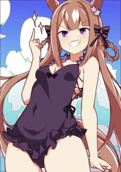 Rule 34 | 1girl, animal ears, blue sky, braid, breasts, brown hair, cloud, cloudy sky, commentary request, cowboy shot, ear ornament, grin, hair rings, highres, horse ears, horse girl, horse tail, long hair, looking at viewer, one-piece swimsuit, outdoors, purple eyes, purple one-piece swimsuit, sky, small breasts, smile, solo, sparkle, sweep tosho (umamusume), swimsuit, tail, umamusume, wahiko (black bastard)